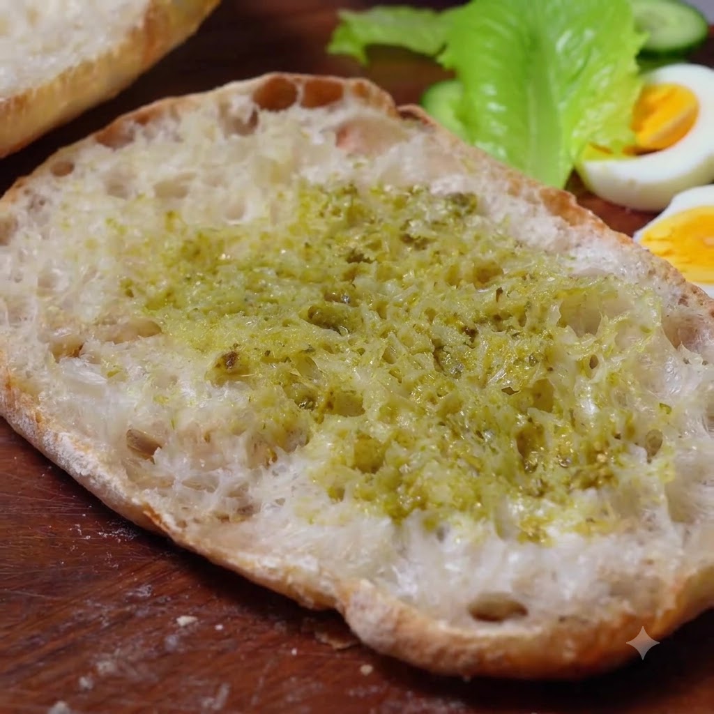 Salsa bianca per insalata spalmata sopra lo strato di pesto sul pane ciabatta.