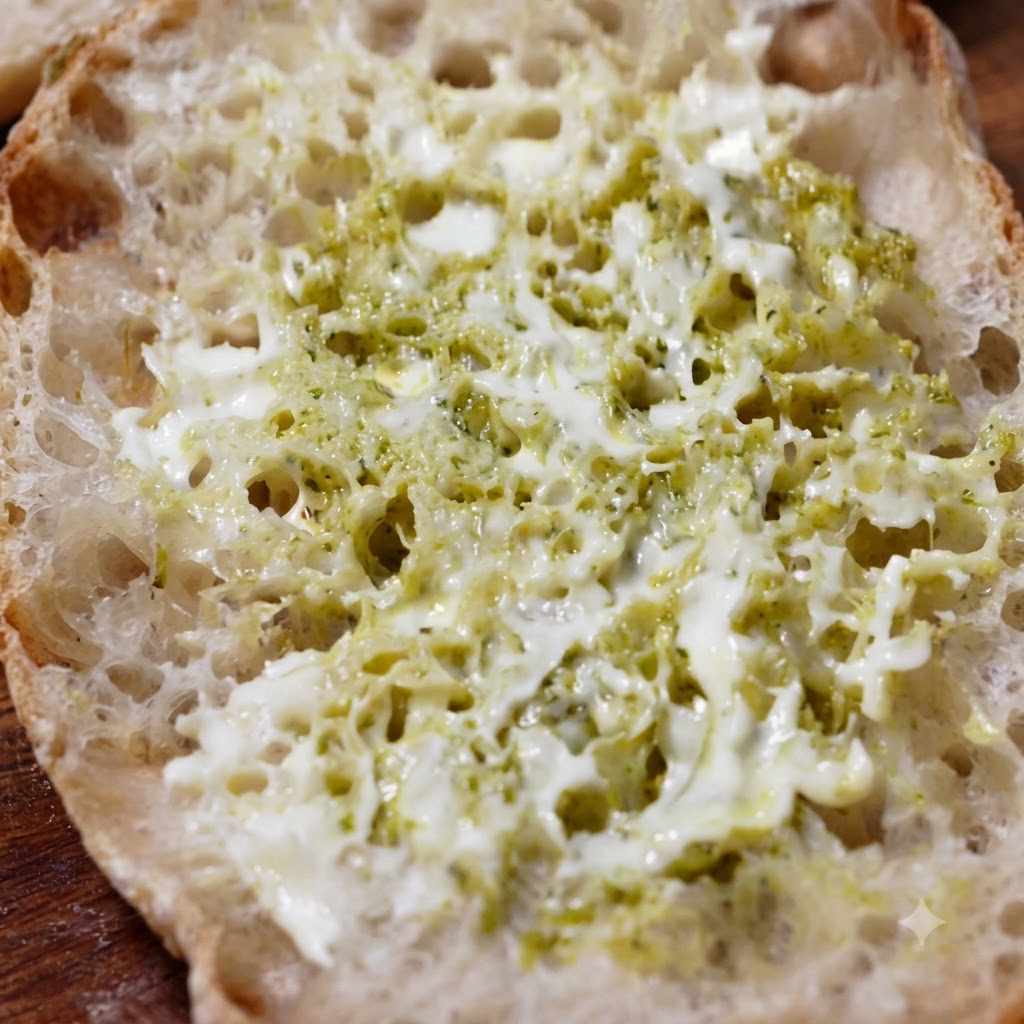 Foglie fresche di lattuga romana e cavolo verde disposte sopra il pane ciabatta condito.