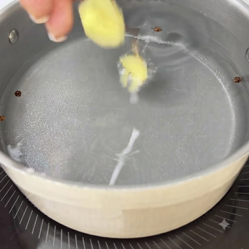 Fette di zenzero, cipollotti e grani di pepe che galleggiano in una pentola di acqua fredda su un fornello.