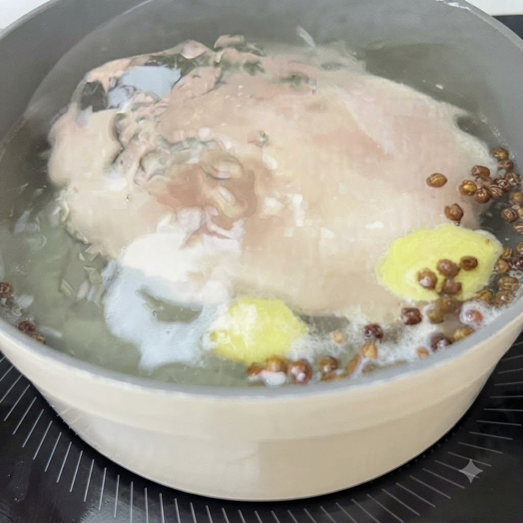 Petto di pollo che bolle a fuoco lento in una pentola con fette di zenzero e pepe di Sichuan.