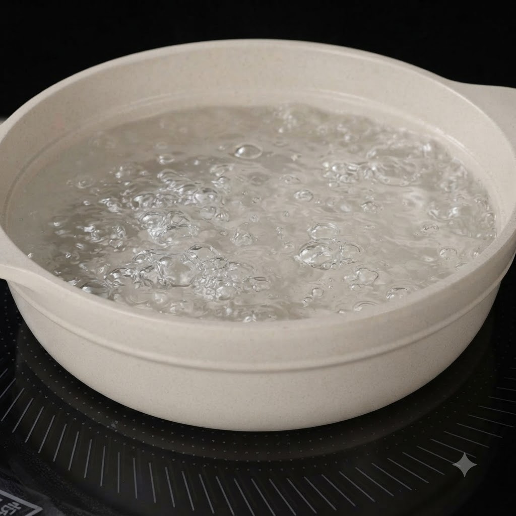 Foglie di basilico fresco sbollentate in una pentola di acqua bollente.