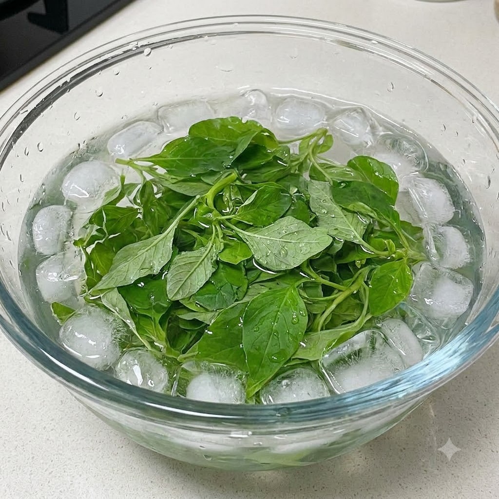 Foglie di basilico fresco che si raffreddano in una ciotola riempita di acqua e ghiaccio.