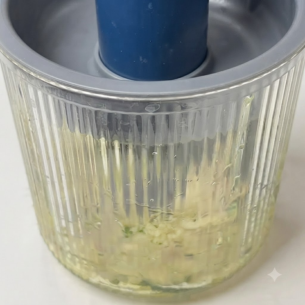 Ingredienti del pesto frullati allinterno di un robot da cucina per formare una salsa verde grossolana.