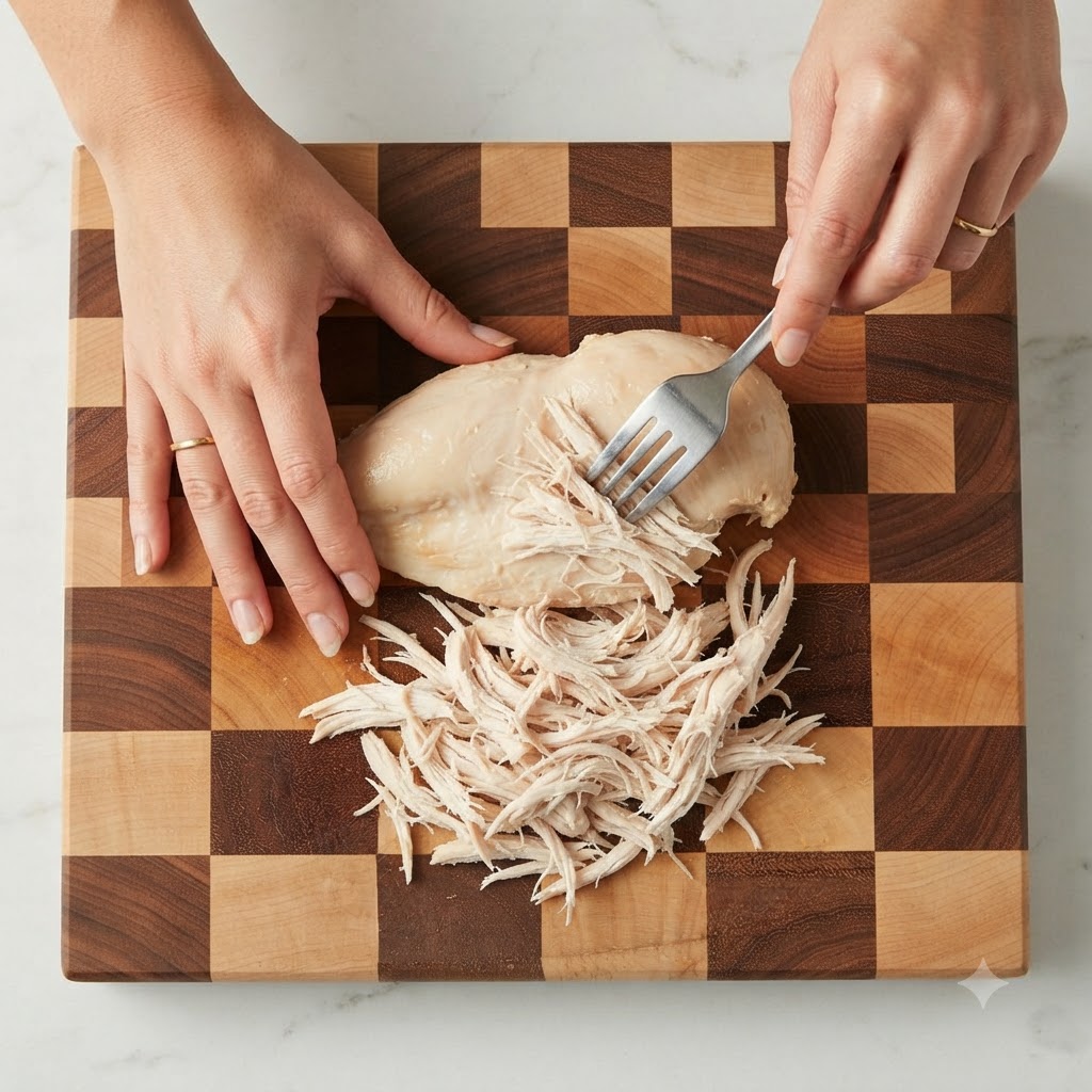 Un petto di pollo cotto su un tagliere di legno sfilacciato usando una forchetta di metallo.