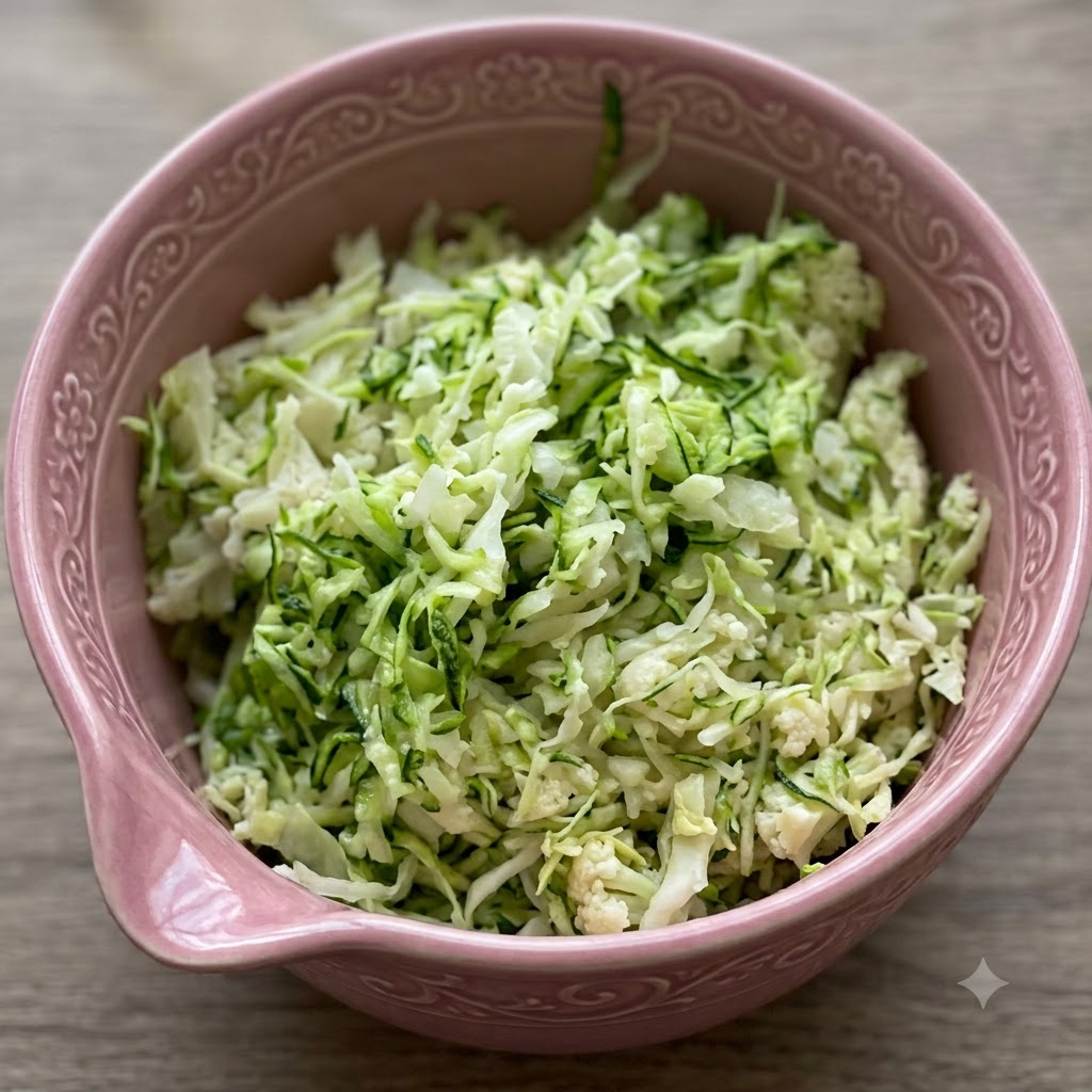 Kale sfilacciata e composto di pollo al pesto disposti allinterno di una ciotola rosa.