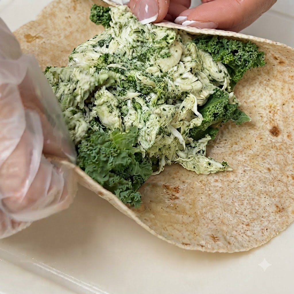 Una tortilla strettamente arrotolata su un ripieno di kale verde e pollo sfilacciato su un tagliere.