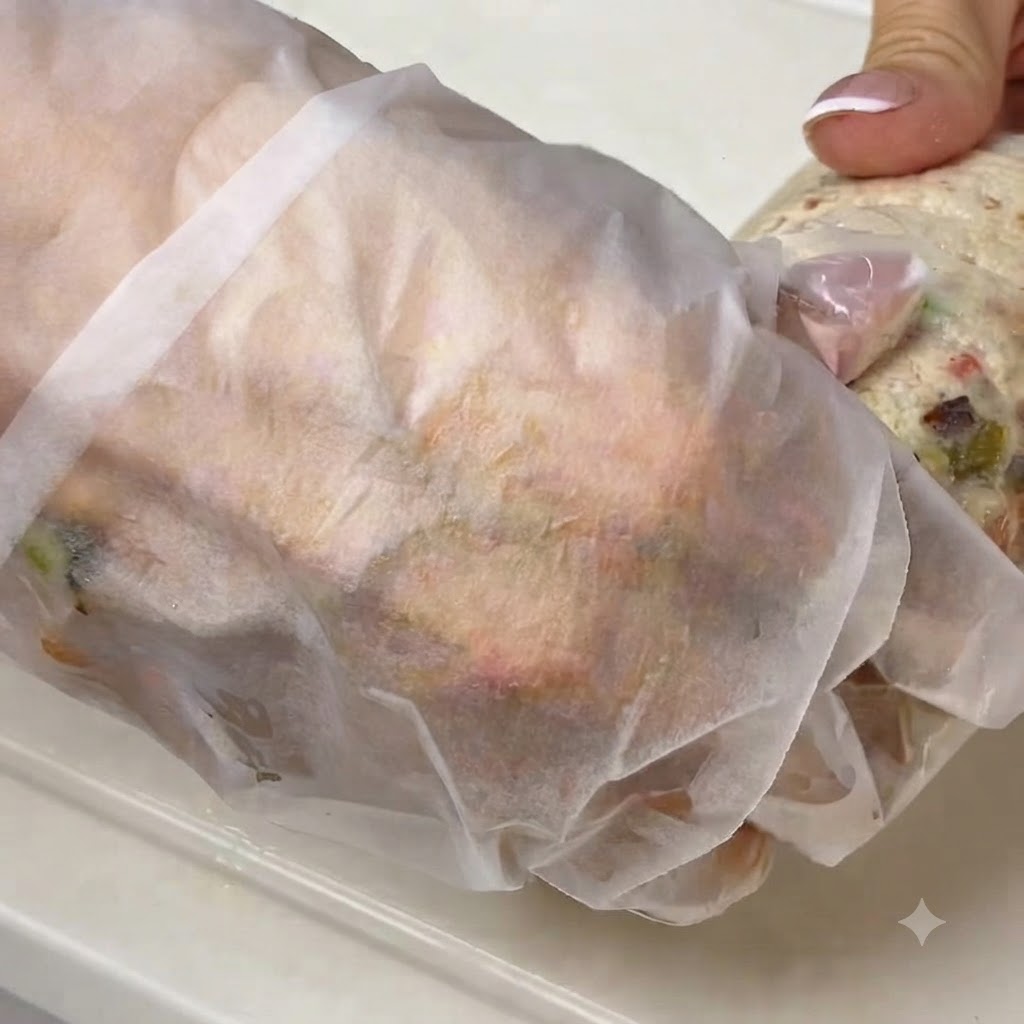 Una mano che tiene la carta da forno sopra un wrap fritto in padella.
