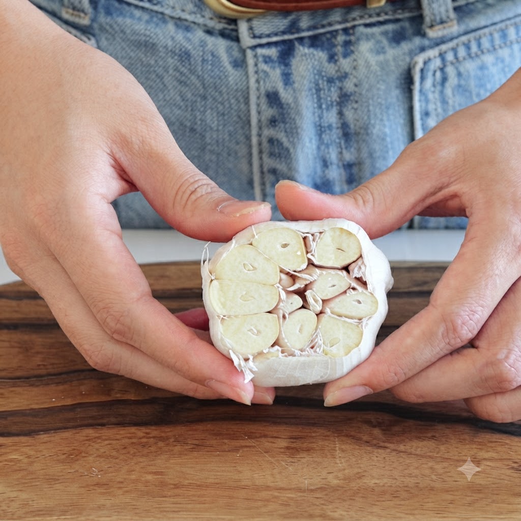 Una testa daglio con la parte superiore tagliata, irrorata con olio doliva su un tappetino in silicone.