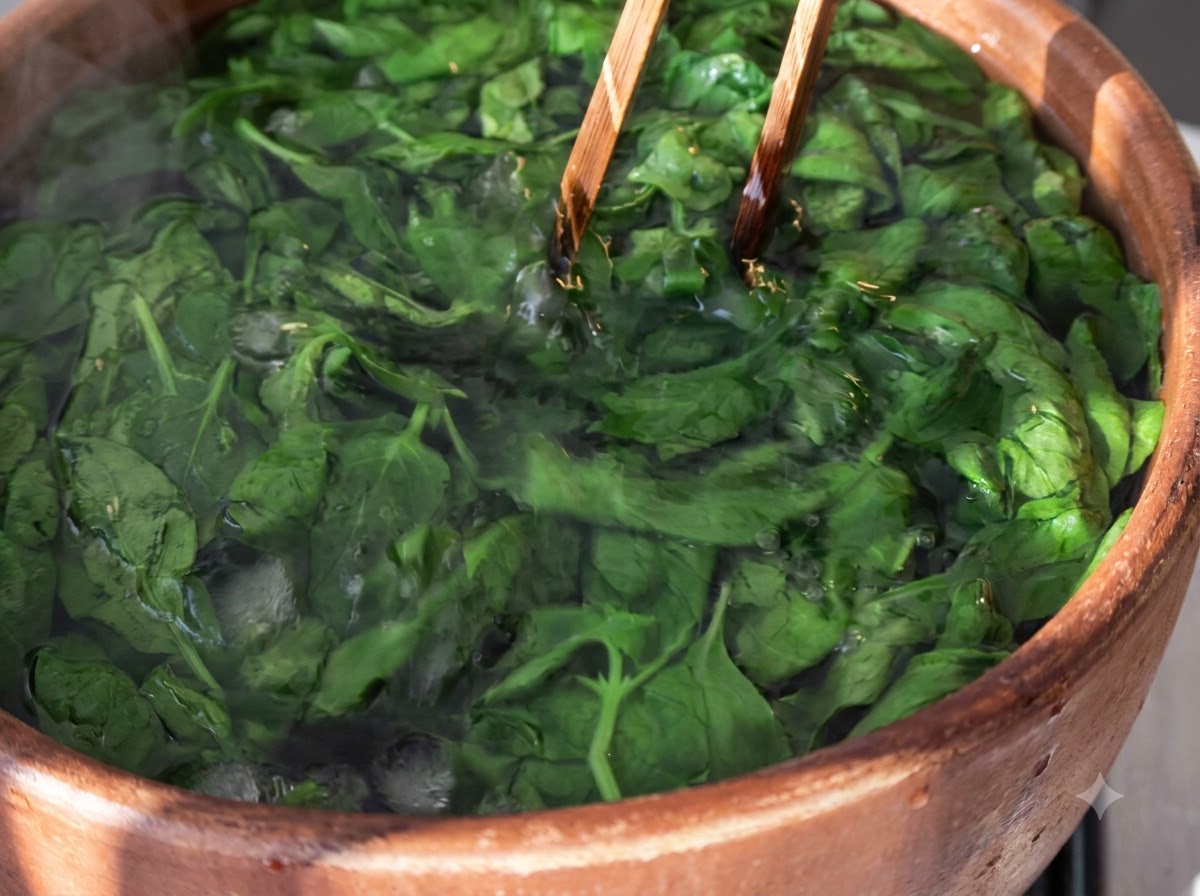 Foglie di basilico sbollentate immerse in acqua ghiacciata allinterno di una ciotola di legno con bacchette.