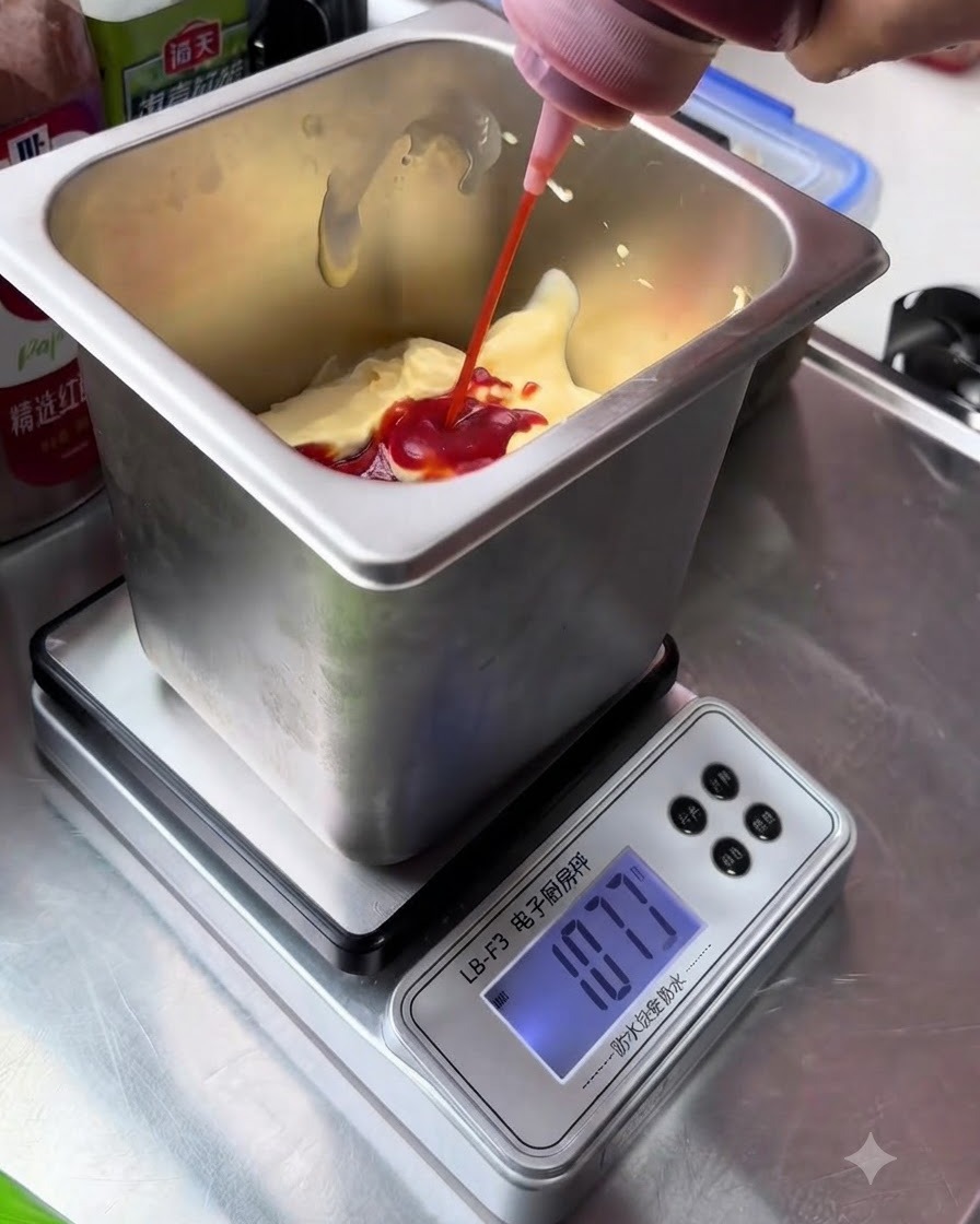 Ketchup rosso che viene spremuto da una bottiglia nella base di maionese bianca allinterno di un contenitore di metallo.