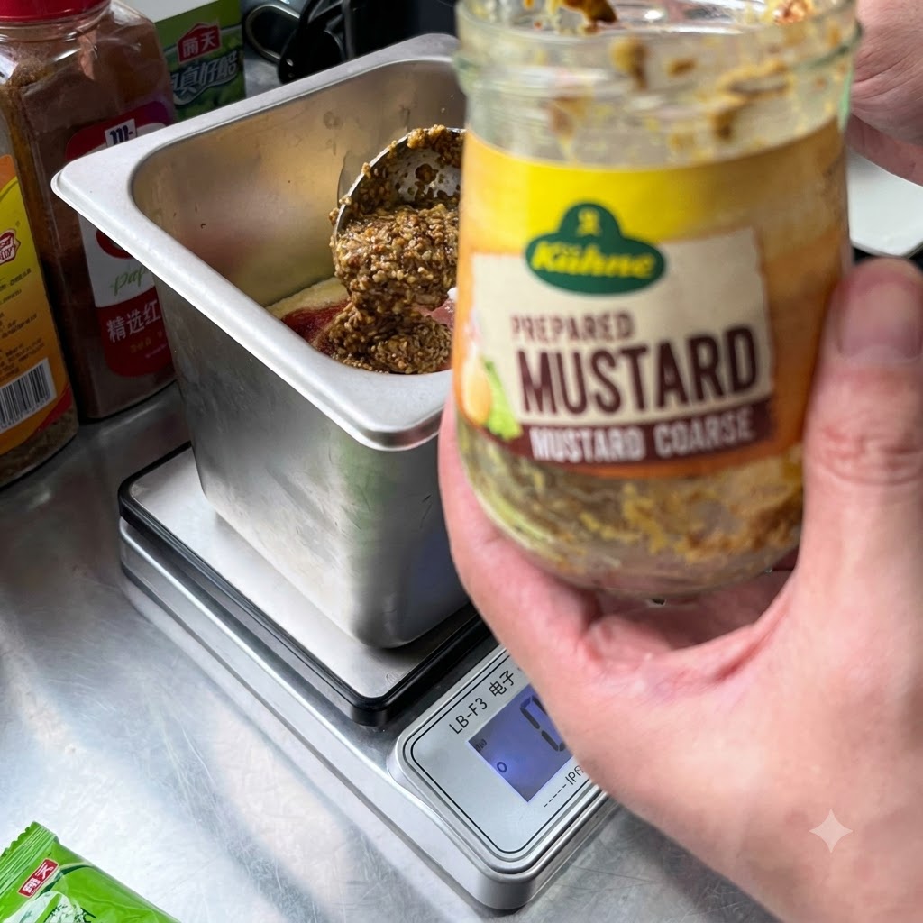 Un cucchiaio di semi di senape rustica aggiunto da un barattolo nel contenitore della salsa.