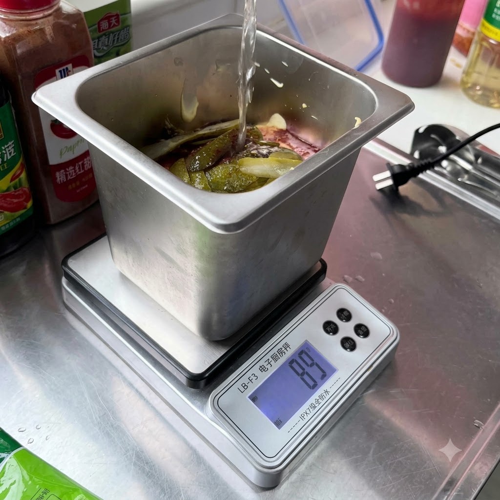 Cetriolini sottaceto a fette aggiunti nel contenitore di metallo con gli ingredienti della salsa.