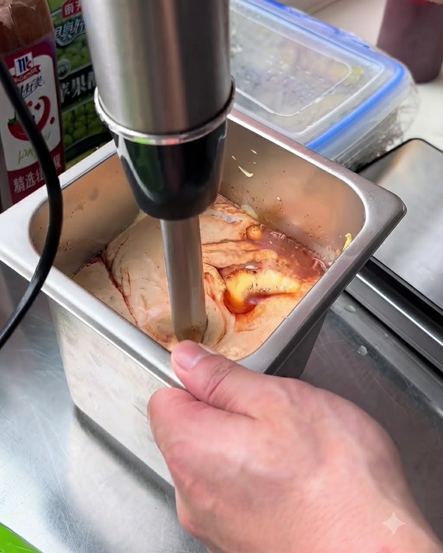 Un minipimer mescola gli ingredienti della salsa per hamburger allinterno del contenitore di metallo.