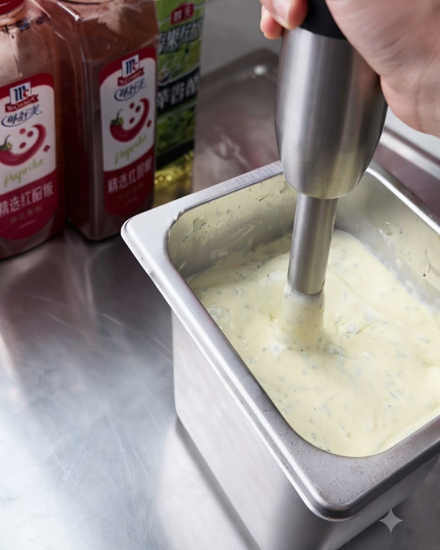 Un minipimer in azione allinterno di un contenitore in acciaio inossidabile per mescolare la salsa tartara cremosa e le erbe verdi.